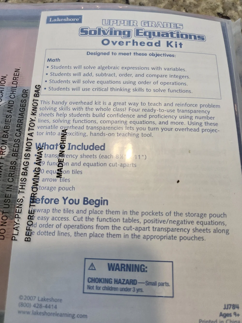 Lakeshore Solving Equations Overhead Kit Algebra Educational Math JJ784 Ages 9+